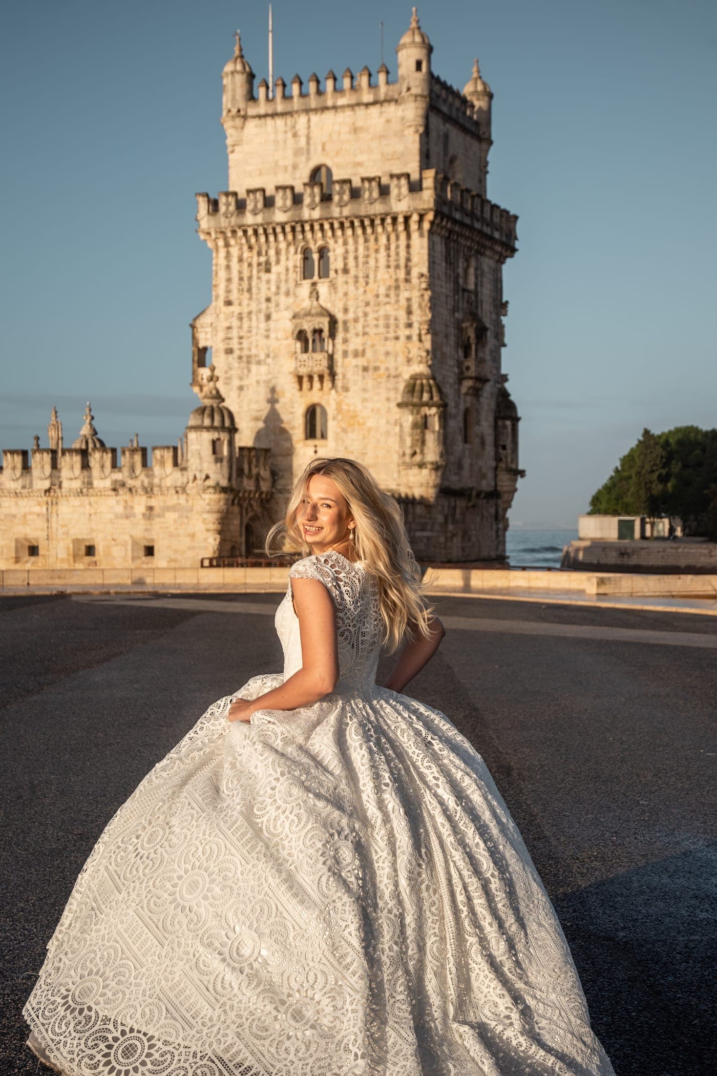 Ball gown framed by the tower's arcade