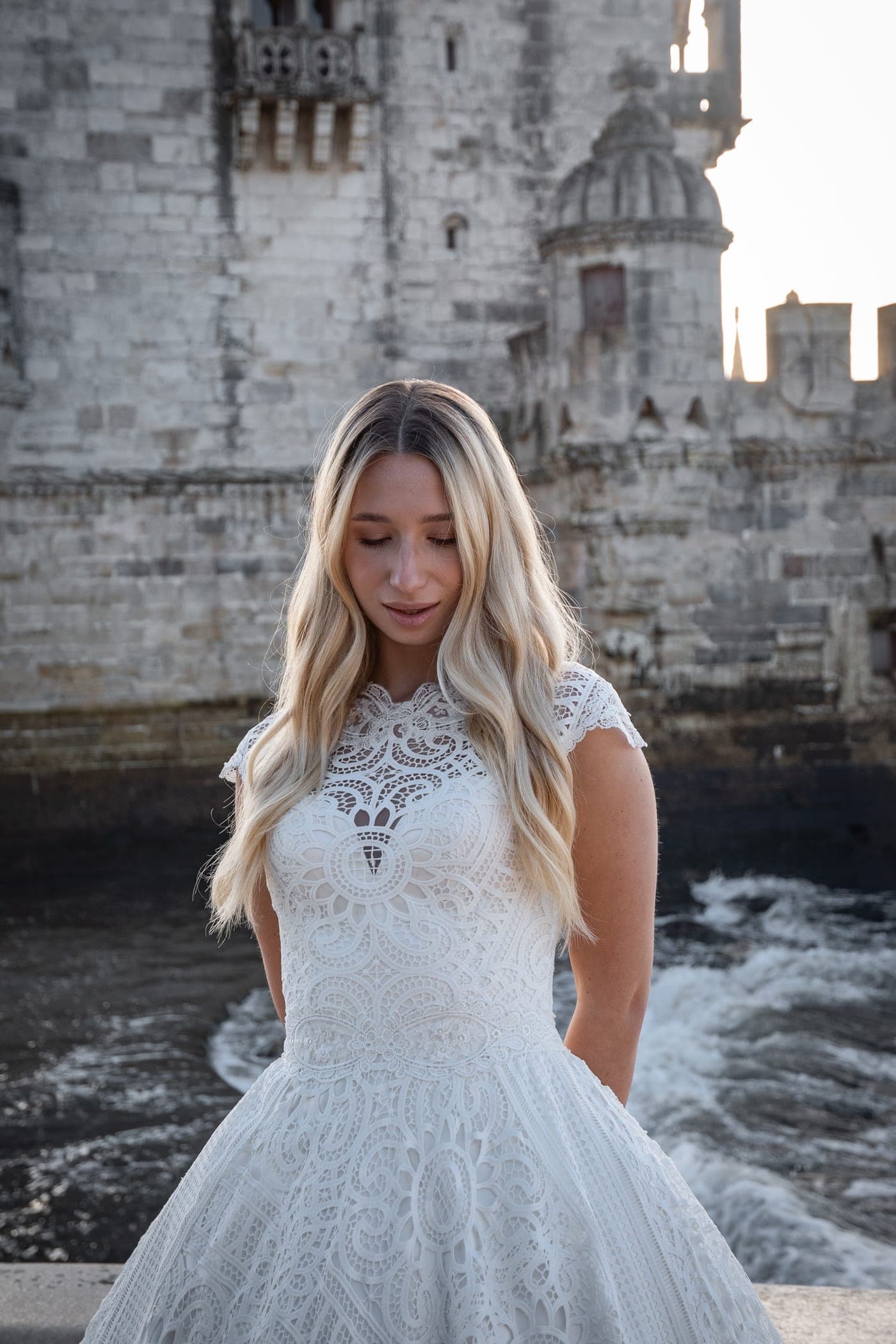 Long view: gown, causeway, tower