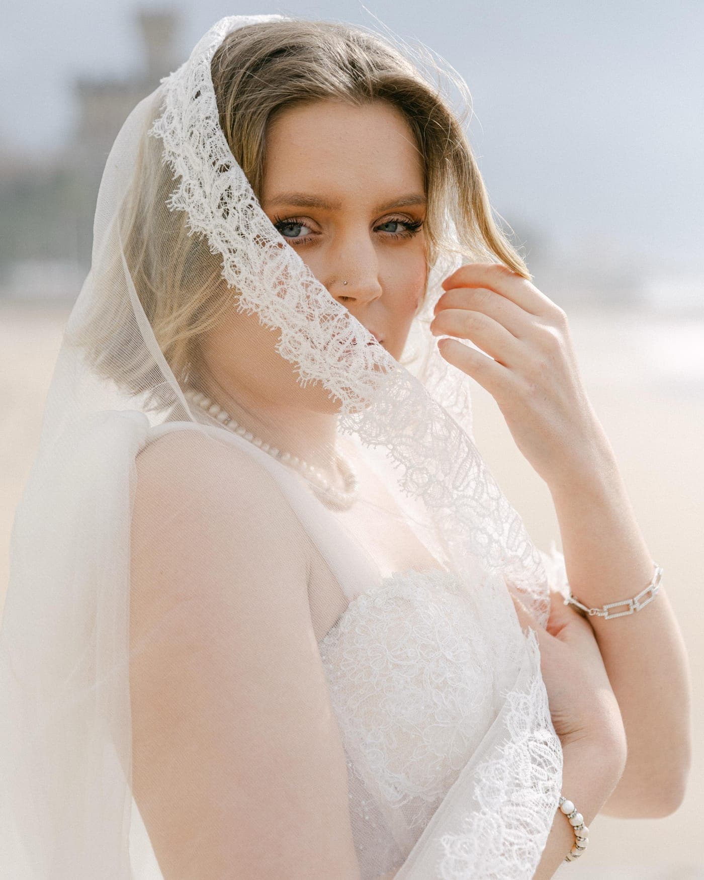 Bride at the courtyard fountain