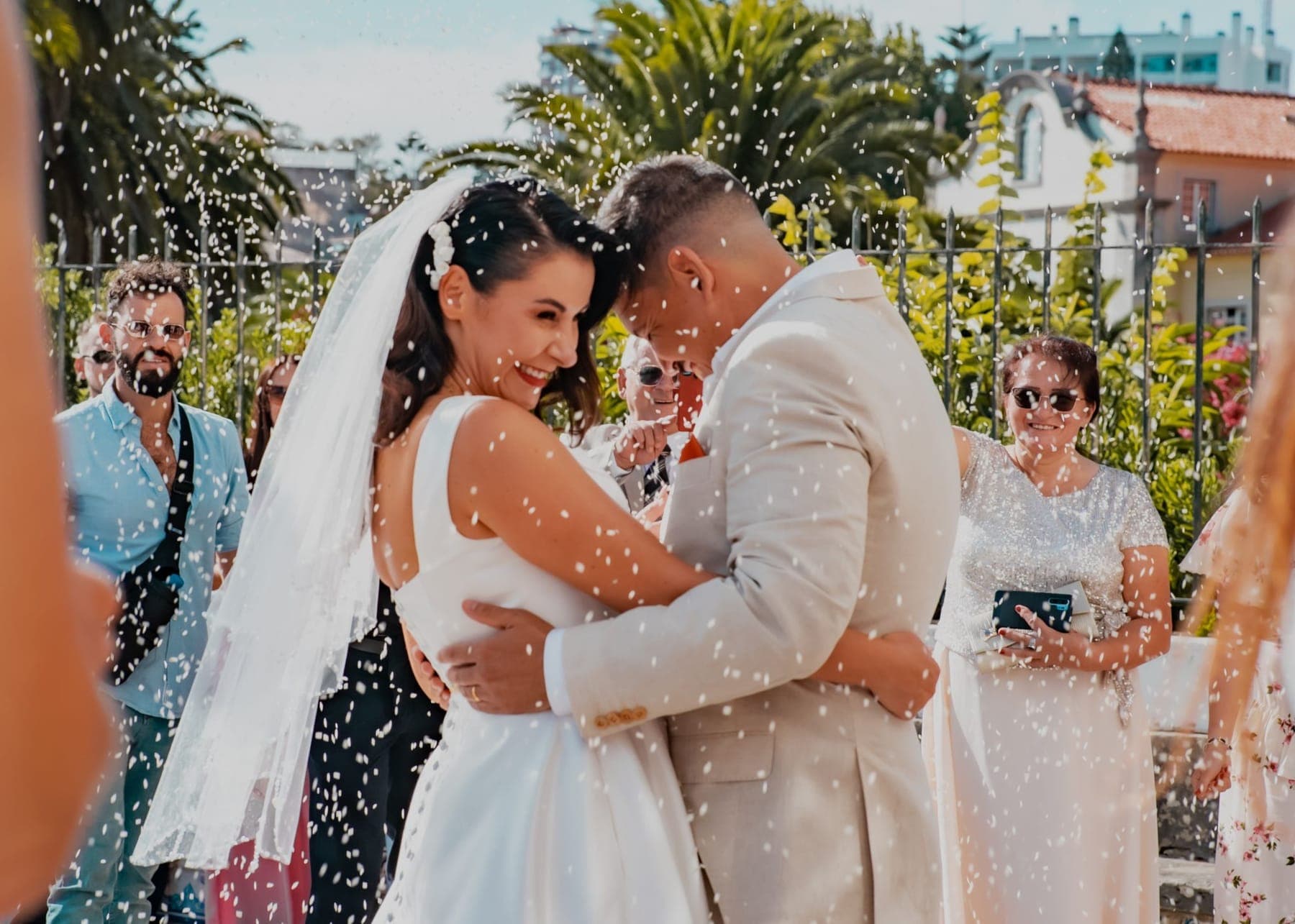 Guests showering the couple