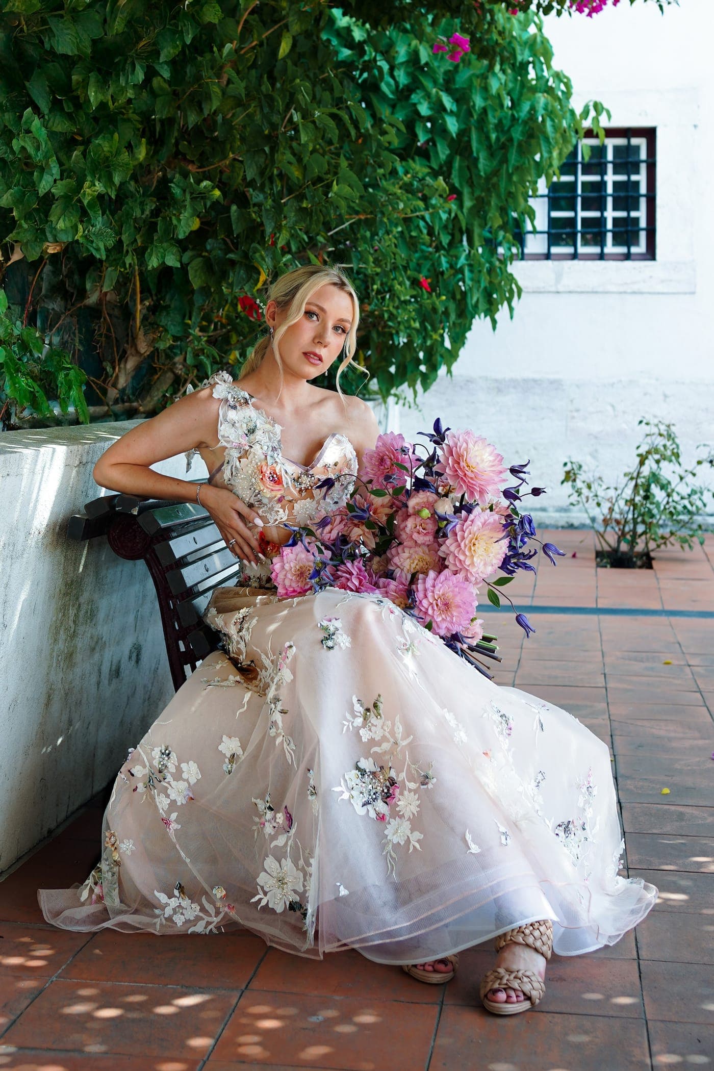 Bouquet raised, flowers overhead